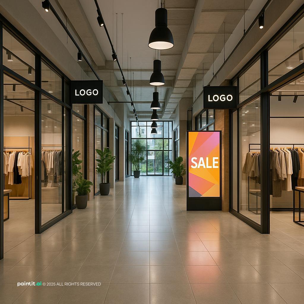 Modern urban shopping interior with display tables