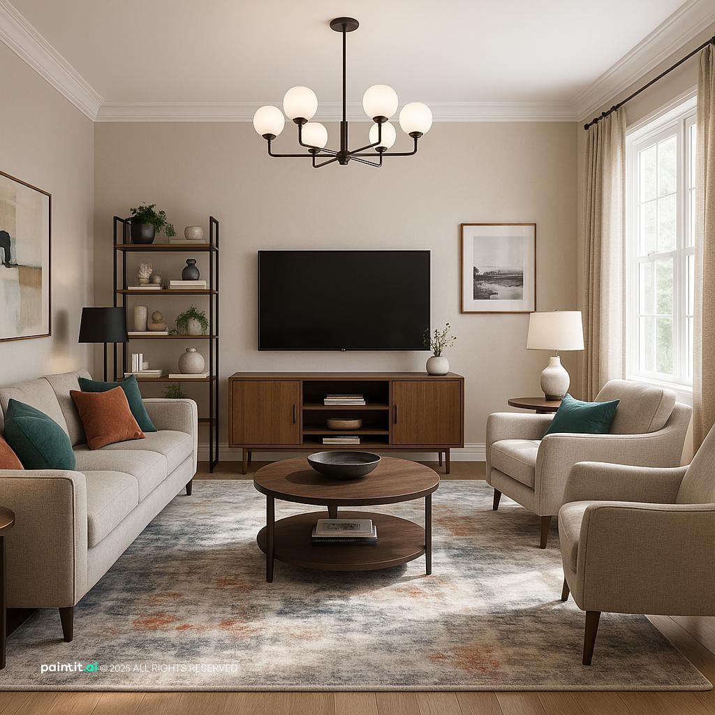 Modern Living Room Design with daylight and beige and a calm living room atmosphere.