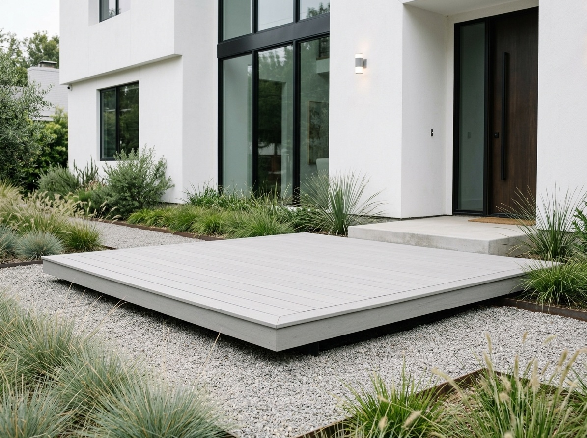 Modern floating platform front deck in light gray composite with gravel surround and minimalist landscaping