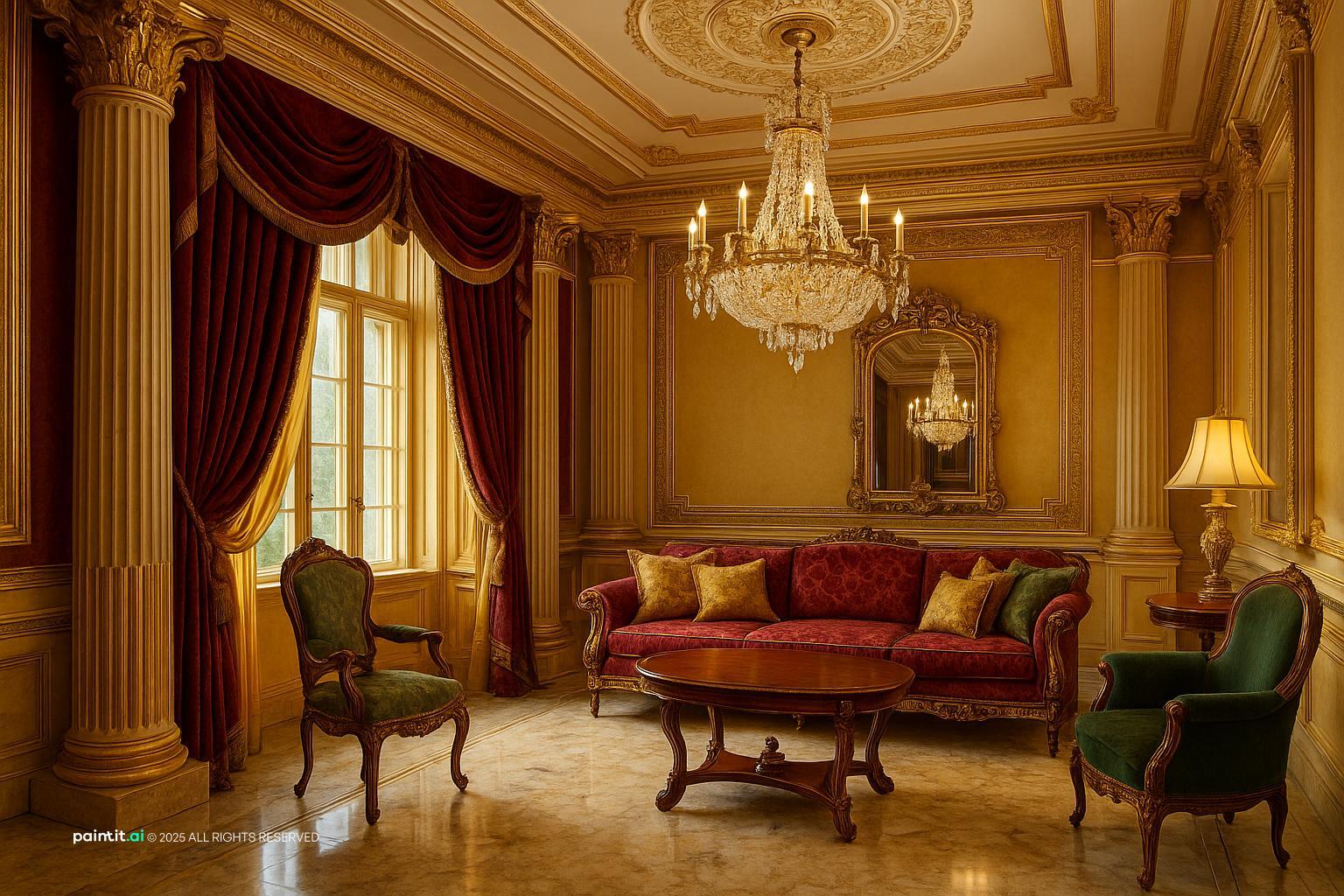 Empire-style living room with gilded paneling, a red sofa, green armchairs and a crystal chandelier