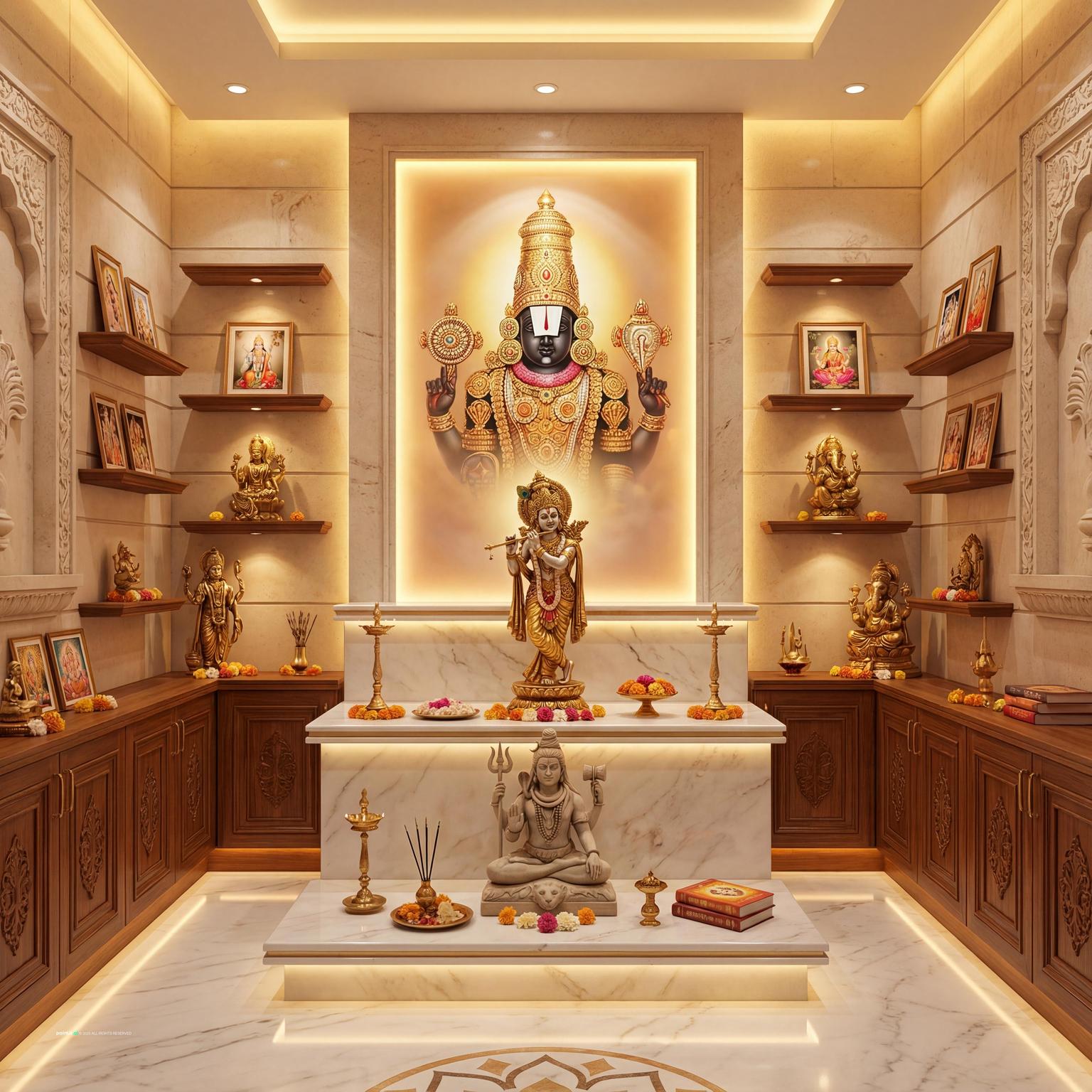 Pooja Room with layered decor and balanced layout