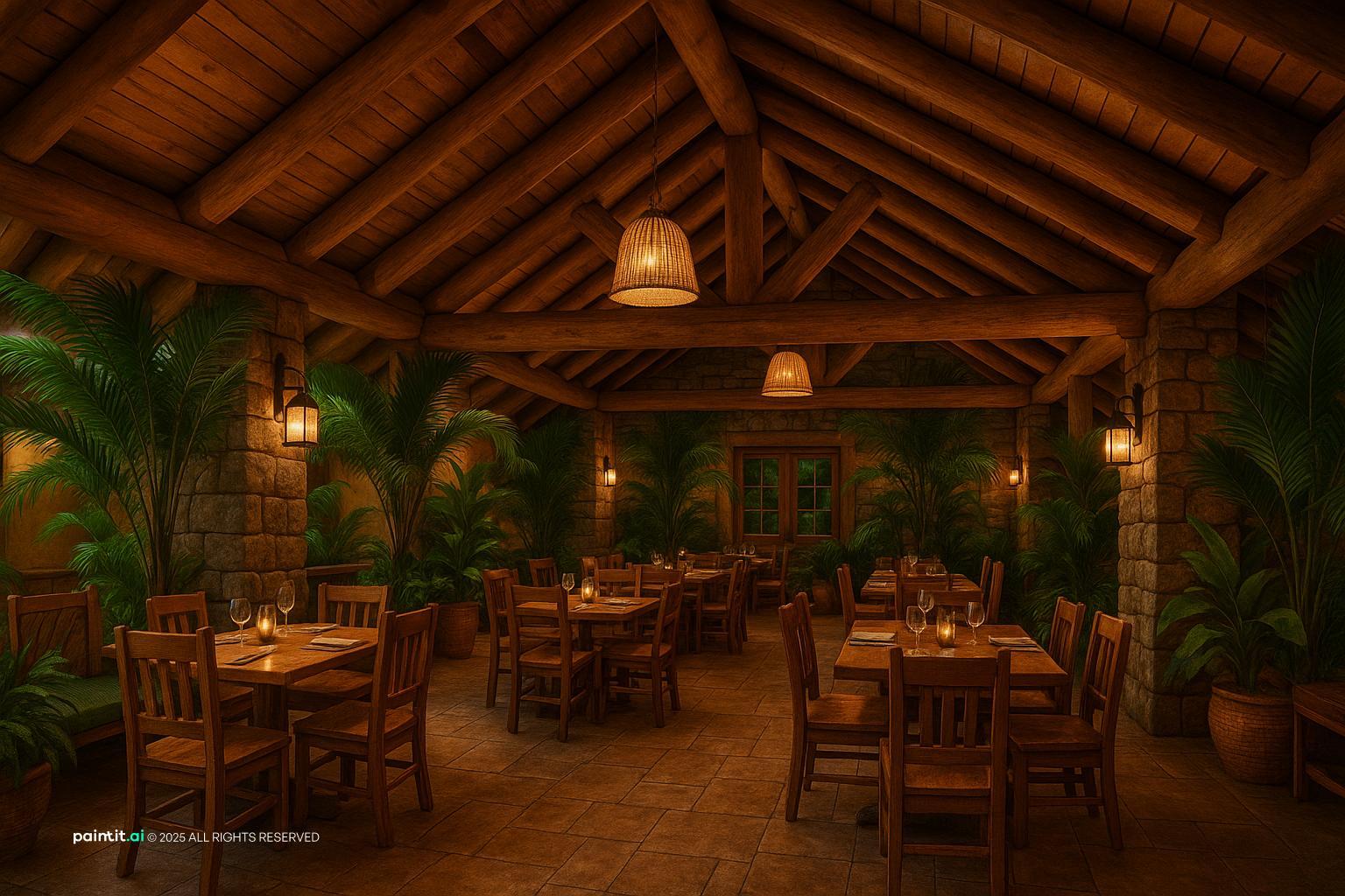 Restaurant under a vaulted timber roof with rattan chairs, wooden tables and tropical plants