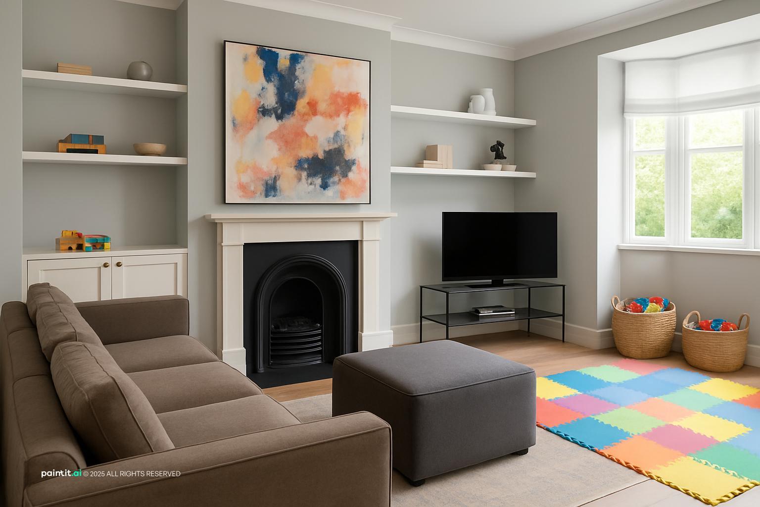 Family living room with colorful foam play mats, bright art and a gray sofa