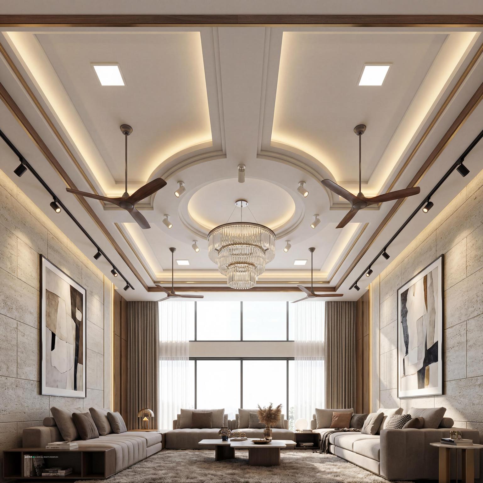 Elegant double-height light yellow living room design, maximizing vertical space and natural light for a grand, airy ambiance.