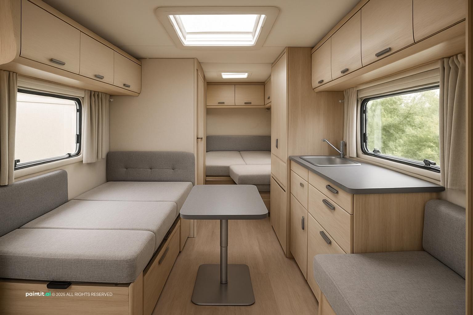 Modern caravan with an open layout, a sofa bed and a skylight