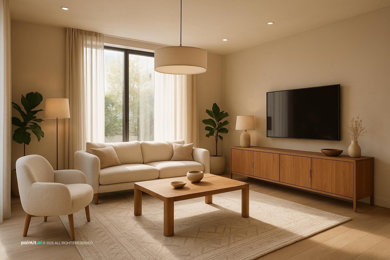 Cozy Modern Living Room Design for 2025 showing warm wood, plants and greenery, layered neutrals for Living Room Trends 2026.