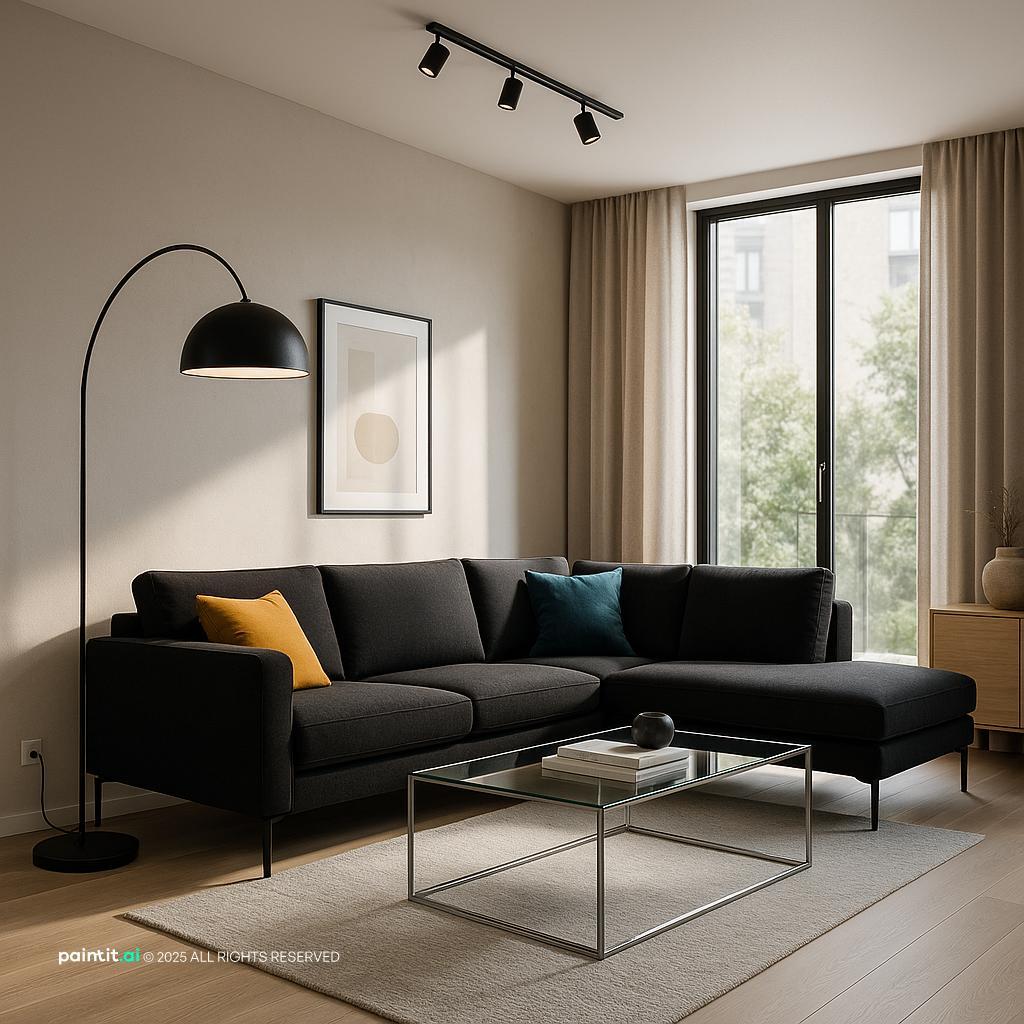 Sleek Modern Living Room Design with Black Contrast showing black contrast, brown warmth, clean-lined furniture for Black and Brown Living Room Ideas.