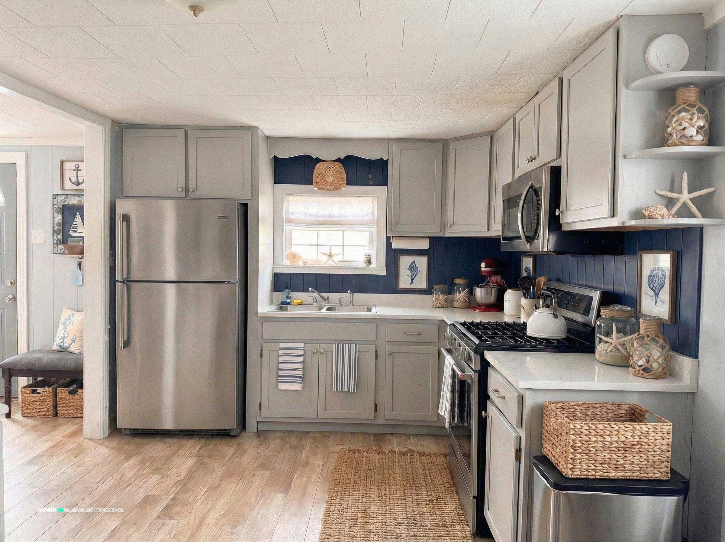 Kitchen with light gray cabinets, a vertical navy shiplap backsplash and stainless appliances