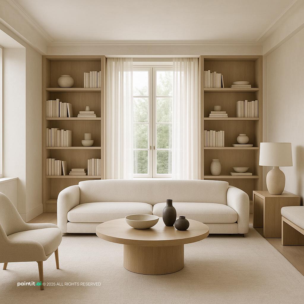 Elegant Photorealistic Living Room Design showing beige foundation, cream tones, warm wood for Cream and Beige Living Room Ideas.