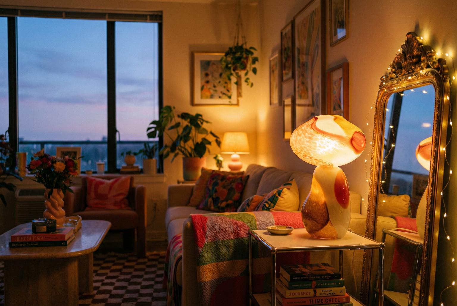 Interior room at dusk, warm ambient lighting, a sculptural colorful table lamp glowing softly, fairy lights draped over a mirror, cozy and magical atmosphere