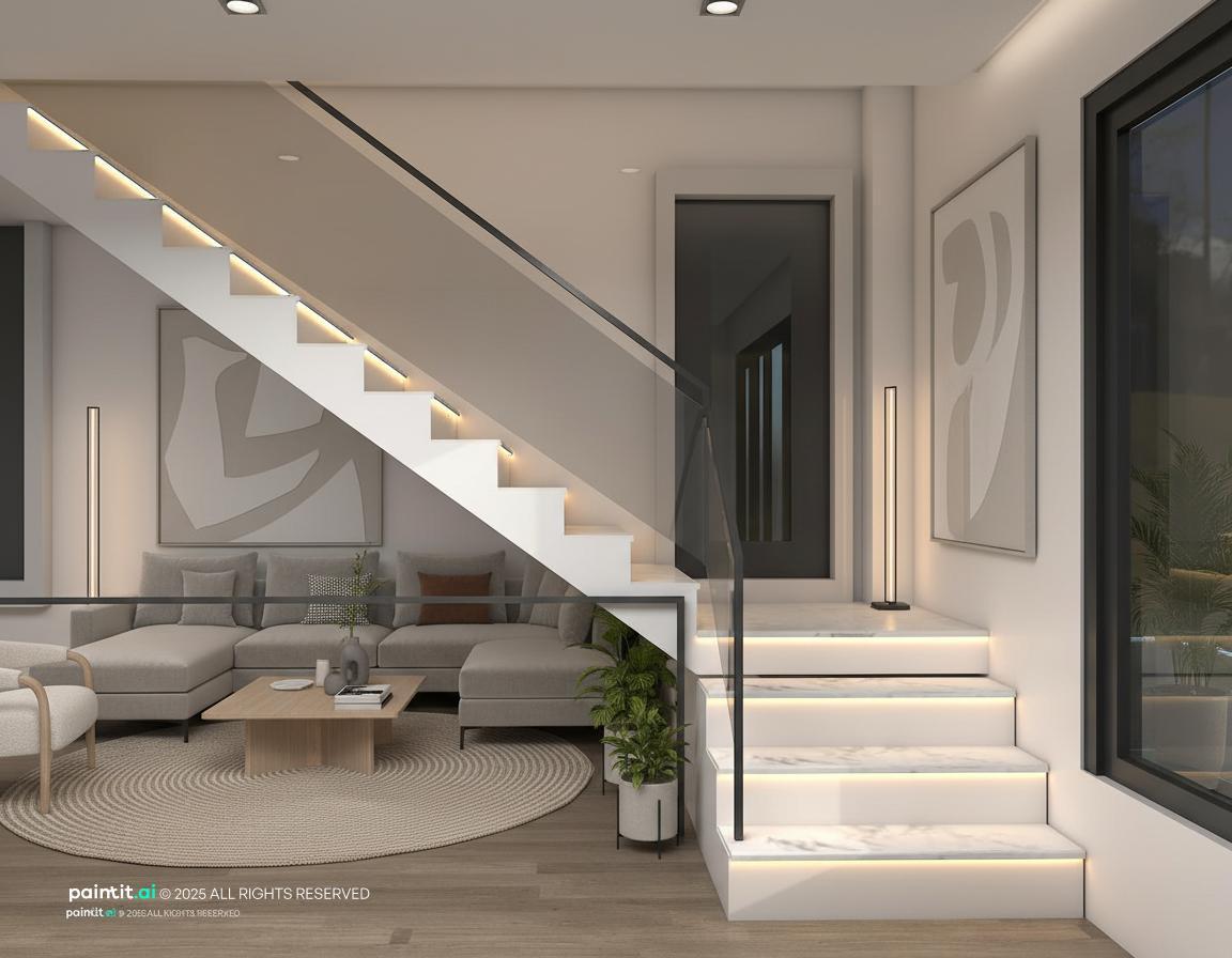 Modern living room with a white staircase, a light sofa and soft even lighting