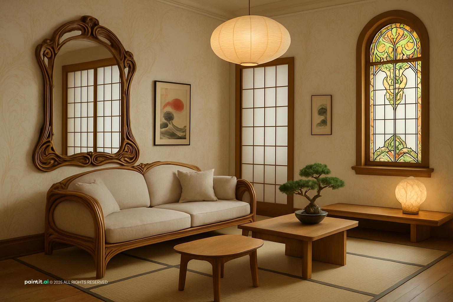 Art Nouveau Japanese Zen living room with shoji screens, tatami mats, and bonsai for serenity.