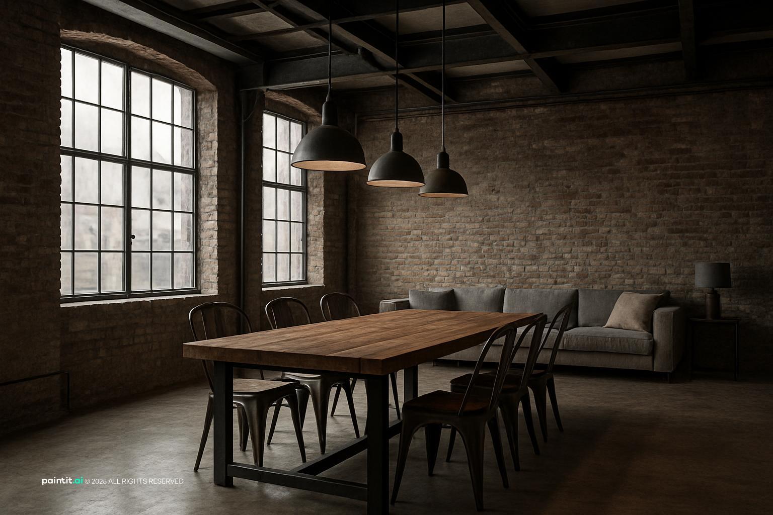 Industrial room with exposed brick, steel beams, and concrete floor