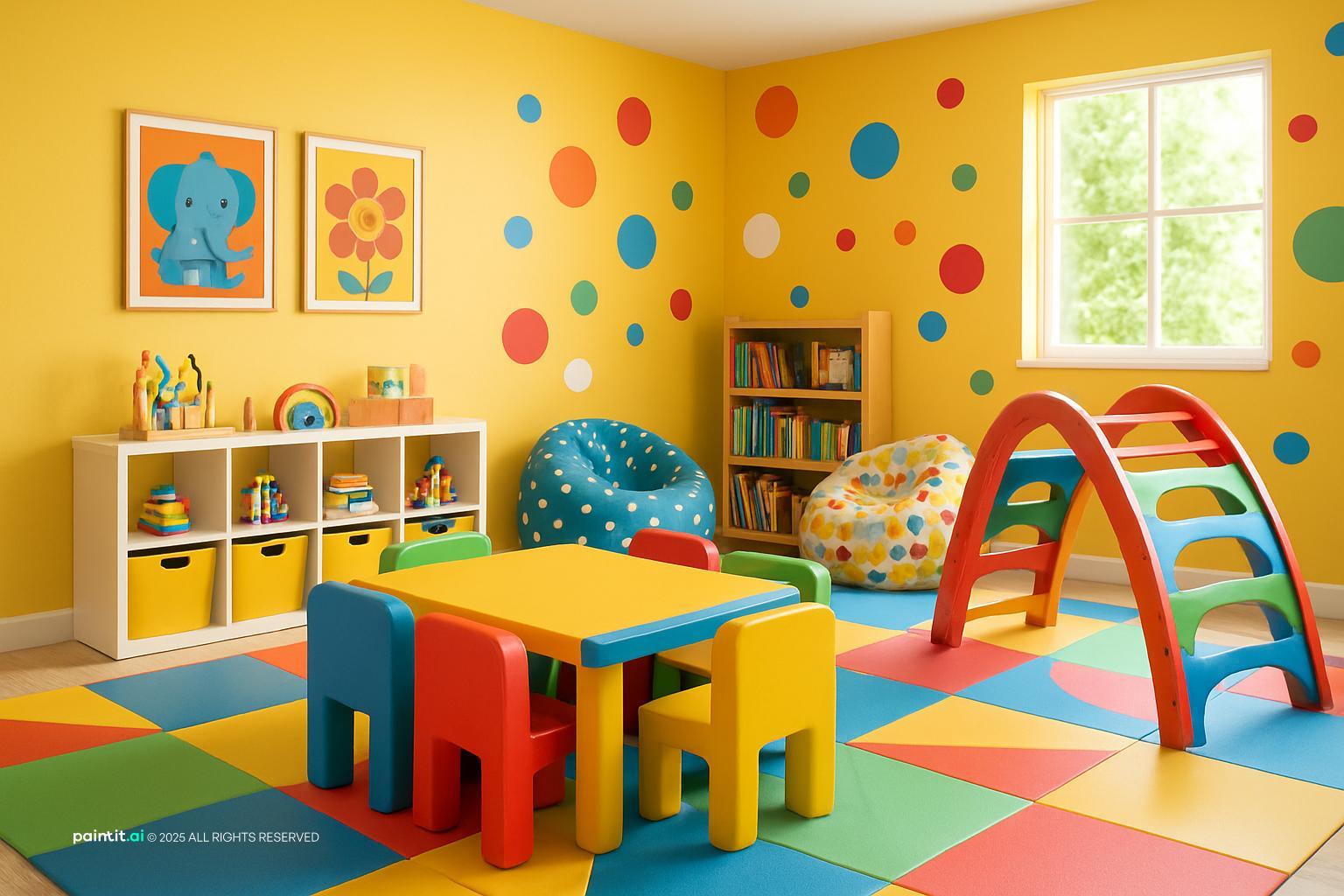 Playroom with yellow polka dot walls, a colorful foam floor, a slide and small tables