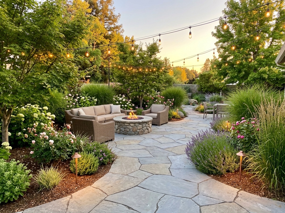 Dream backyard showing all key design elements — natural stone hardscaping, lush planting borders, central fire pit feature, and warm evening lighting