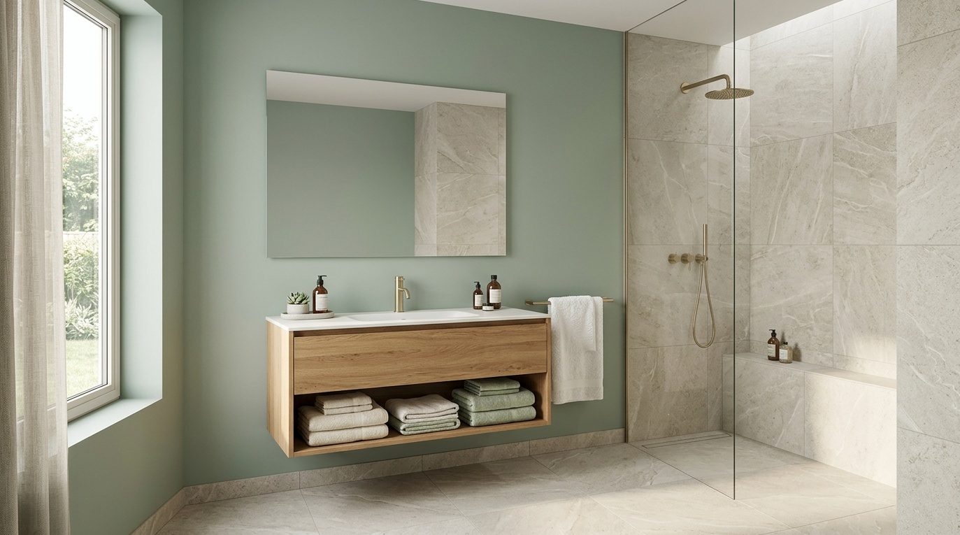 Modern spa bathroom with eucalyptus satin walls, oak vanity, brass fixtures, and warm diffused lighting
