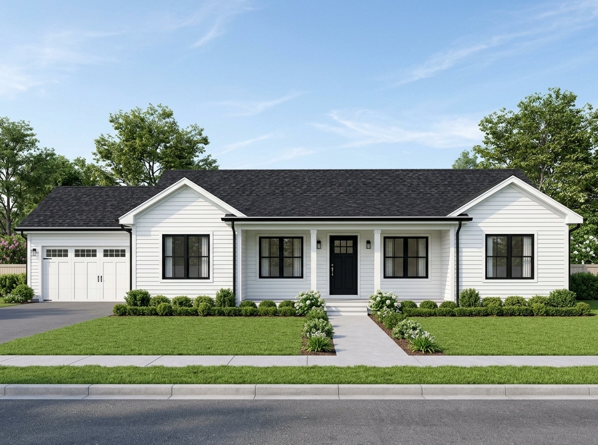 Single story white ranch house with black trim, black gutters,  and black window grids for clean curb appeal