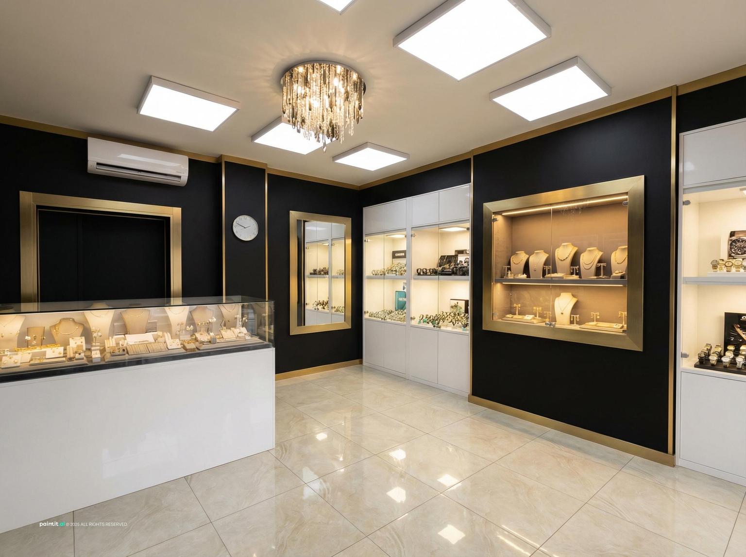 Small jewelry store with glass counters, lit wall cabinets and a chandelier
