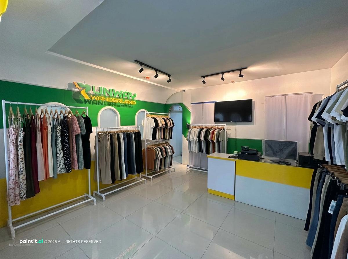 Clothing store converted from an office with green and yellow accents, wall rails and a cash counter