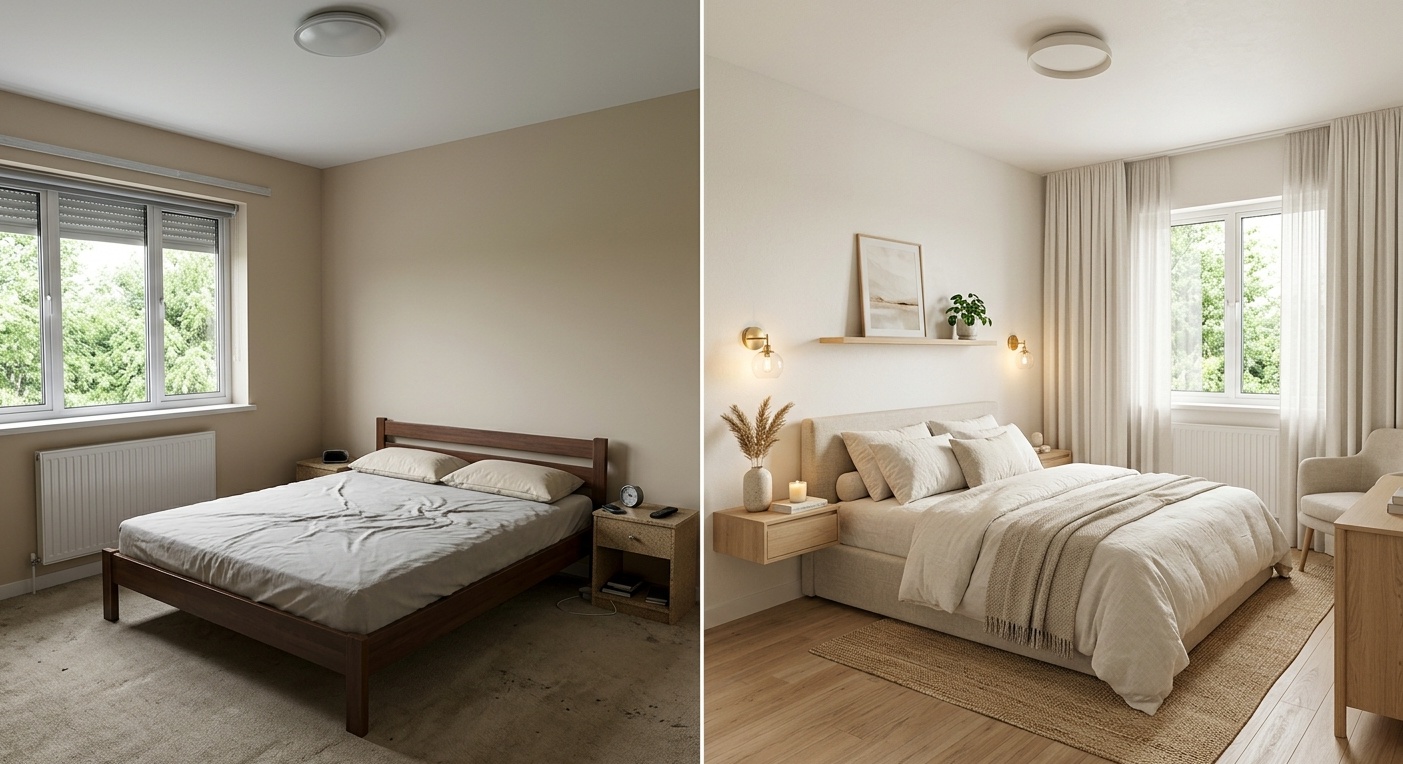 Photorealistic before-and-after pair of the same bedroom