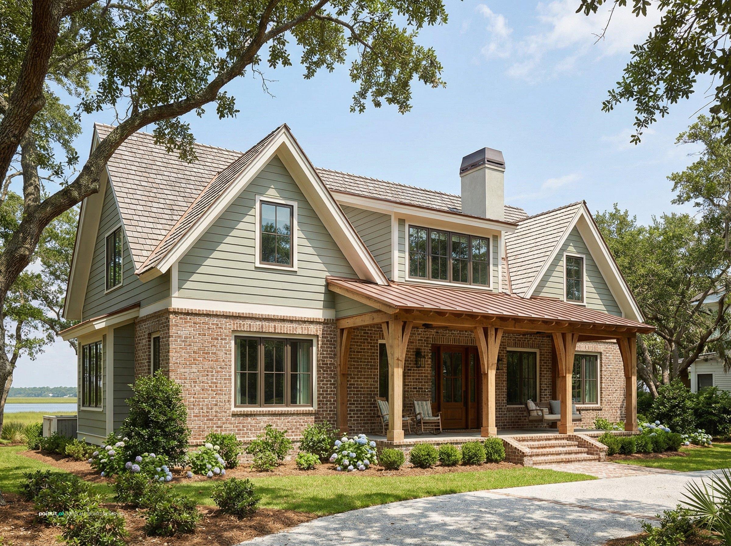 Charleston-style house with green siding, a brick base, a gabled roof and a covered front porch