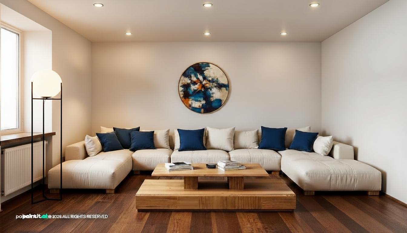 Living room with a low cream sectional, navy cushions, a chunky timber coffee table and a round artwork