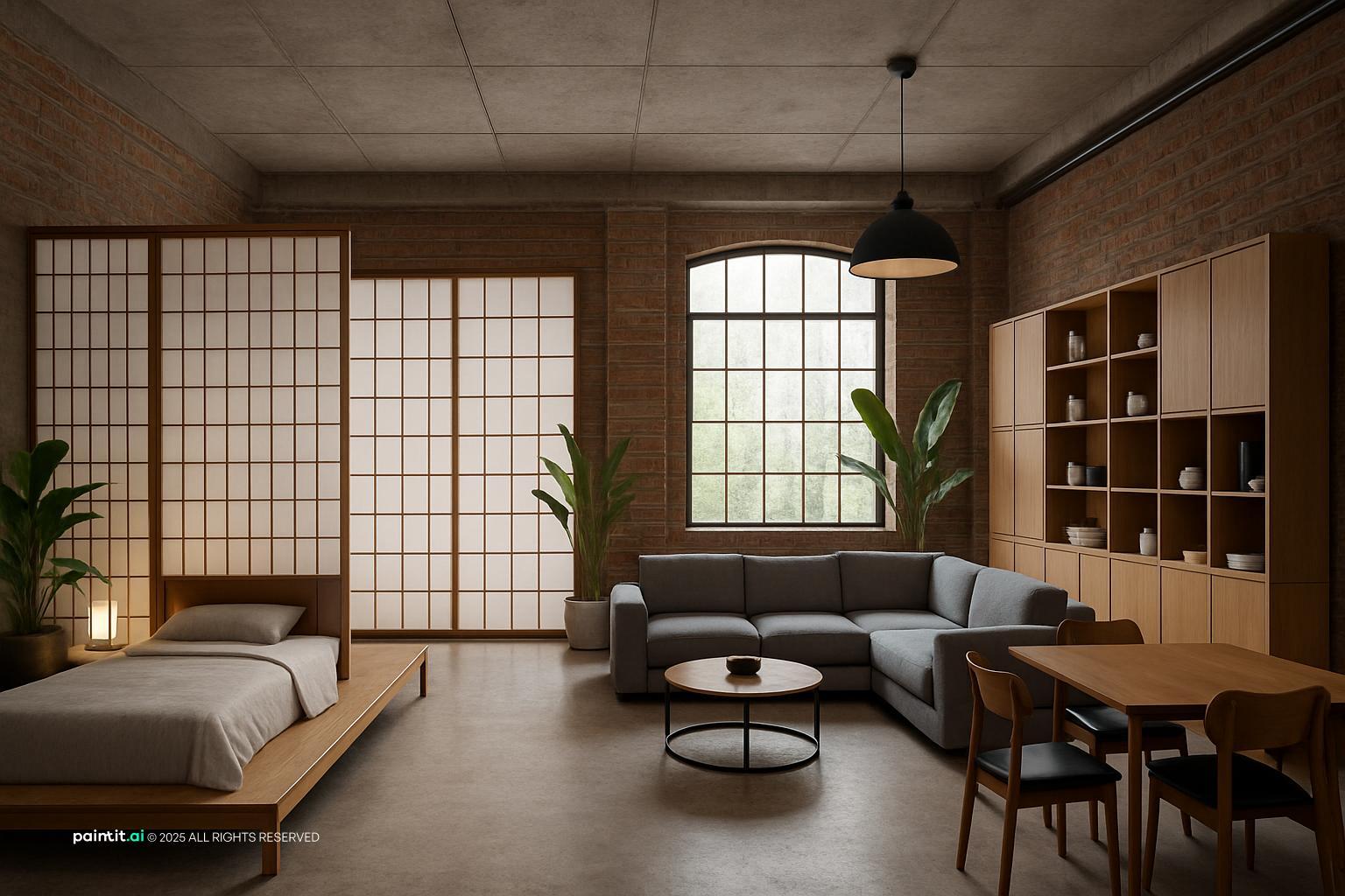 Japanese-inspired living room with a grey sofa, shoji screens and wooden storage