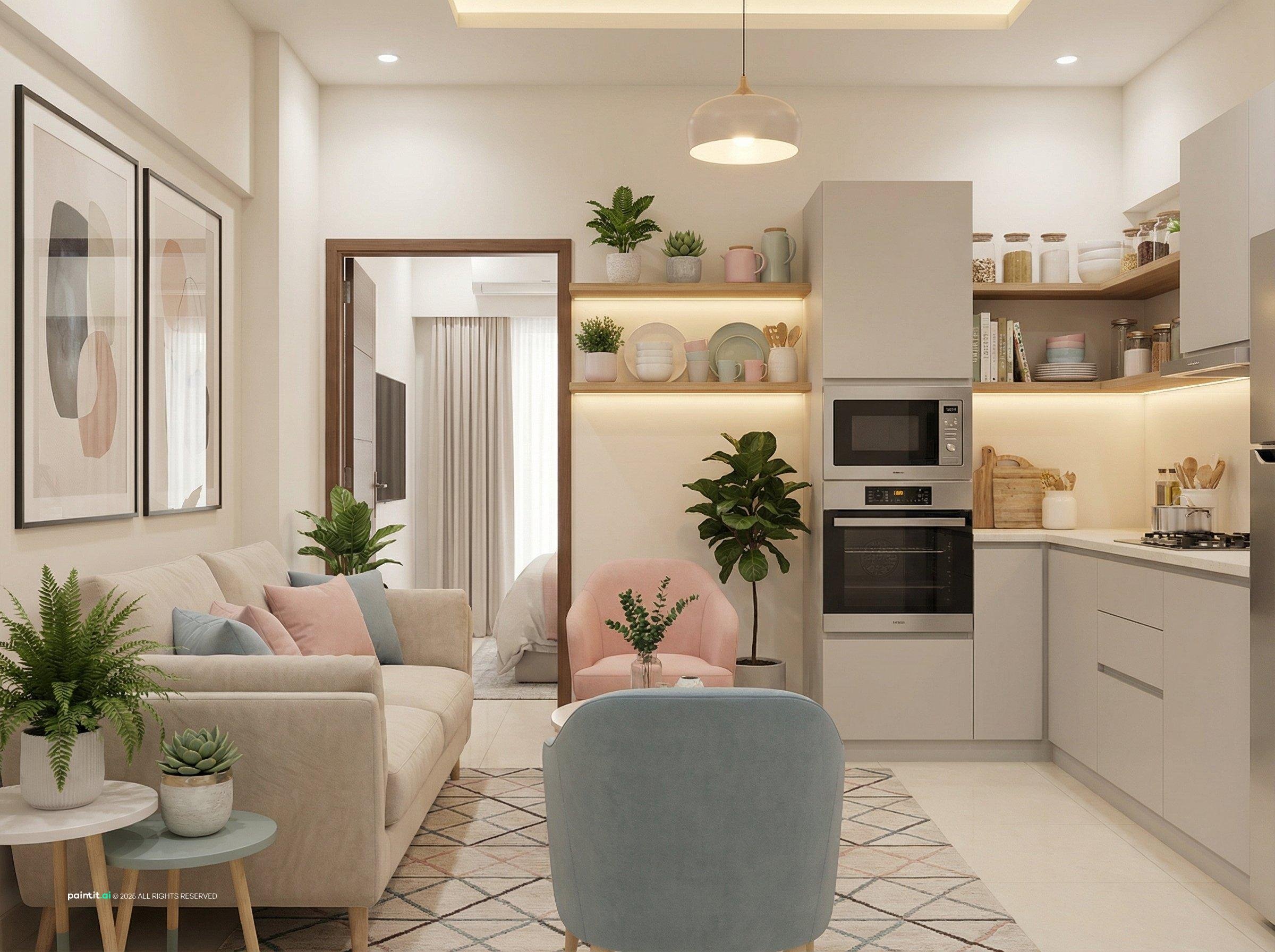 Small condo living room and kitchen with a cream sofa, open shelves, a round side table and plants