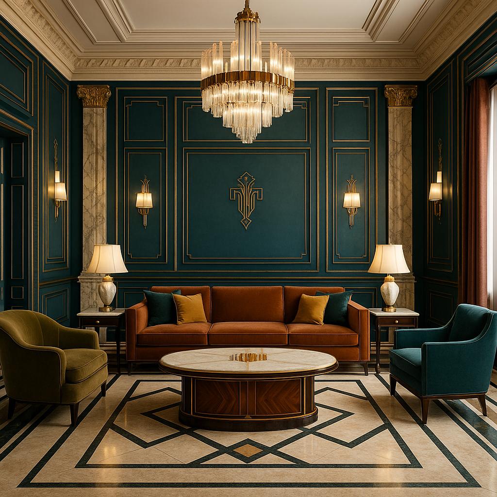 Art Deco & Neoclassical Living Room Design showing wall paneling detail, metal accents for Living Room Wall Paneling Ideas.