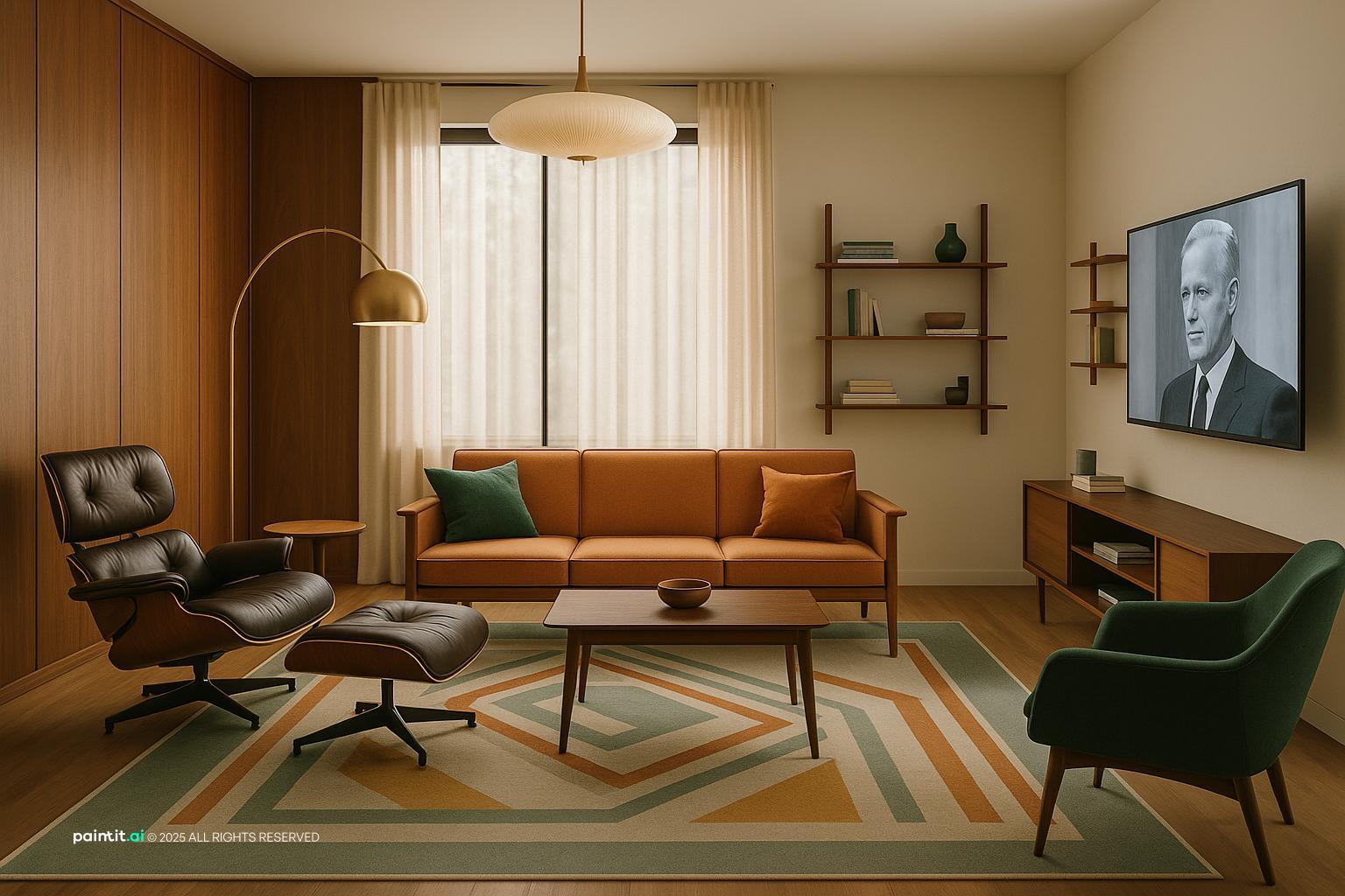 Mid-century living room with green armchairs, an orange sofa, a leather lounge chair and warm wood