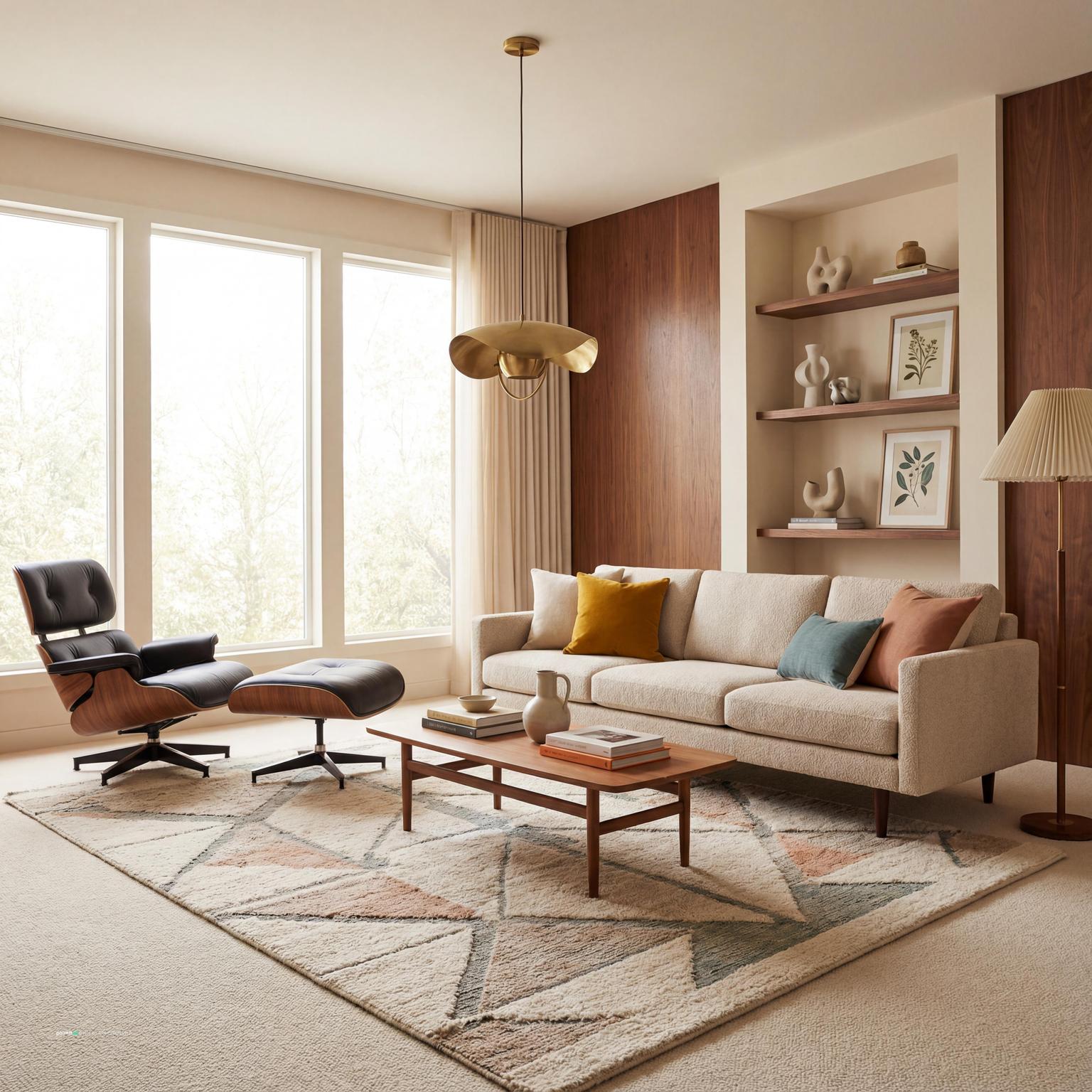 Mid-Century Modern Living Room Design showing warm wood, clean-lined furniture, layered neutrals for Living Room Trends 2026.