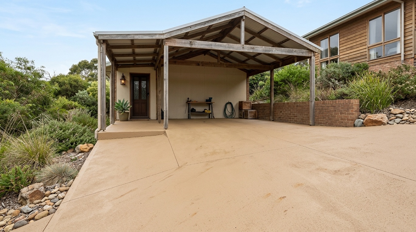 open carport or sloped exterior concrete entry finished in a matte textured tan acrylic coating