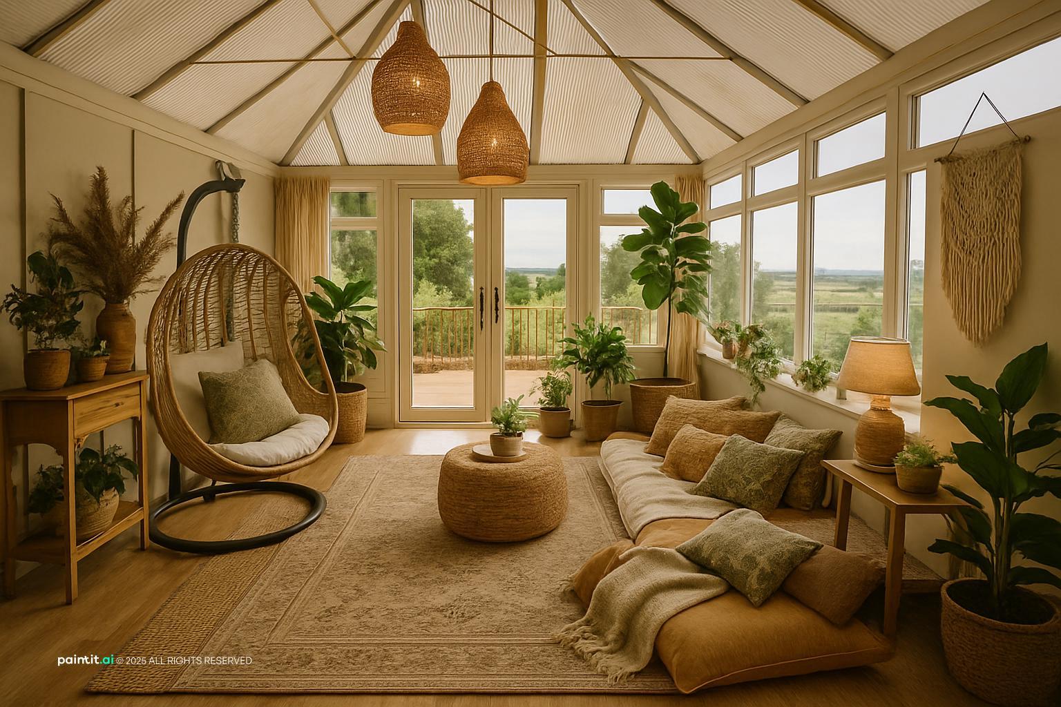 Conservatory-style garden room decorated with rattan hanging chair, jute rug and macrame wall hanging