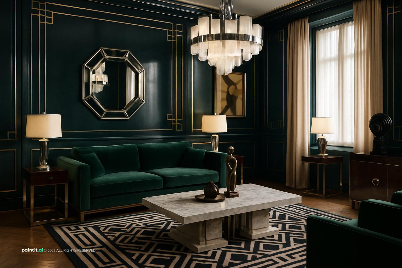 Emerald green and gold living room with dark green walls, a green velvet sofa, an octagonal gold mirror and a crystal chandelier