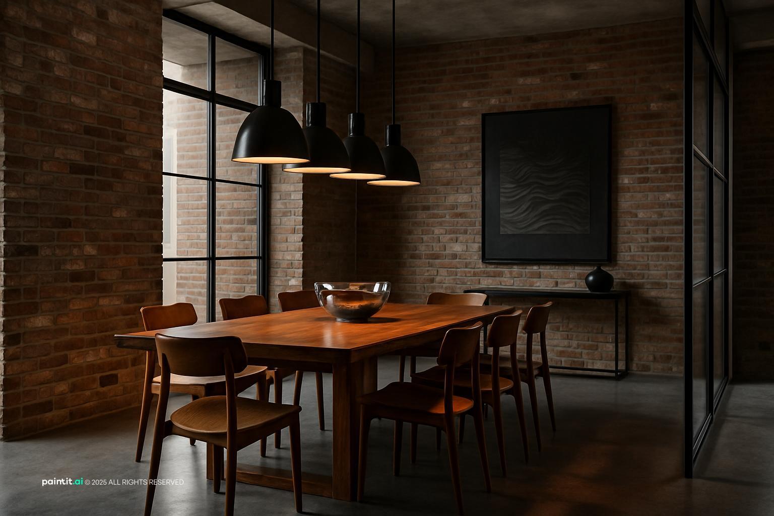 Modern industrial dining room with a wooden table, black pendant lights and a steel-framed glass partition