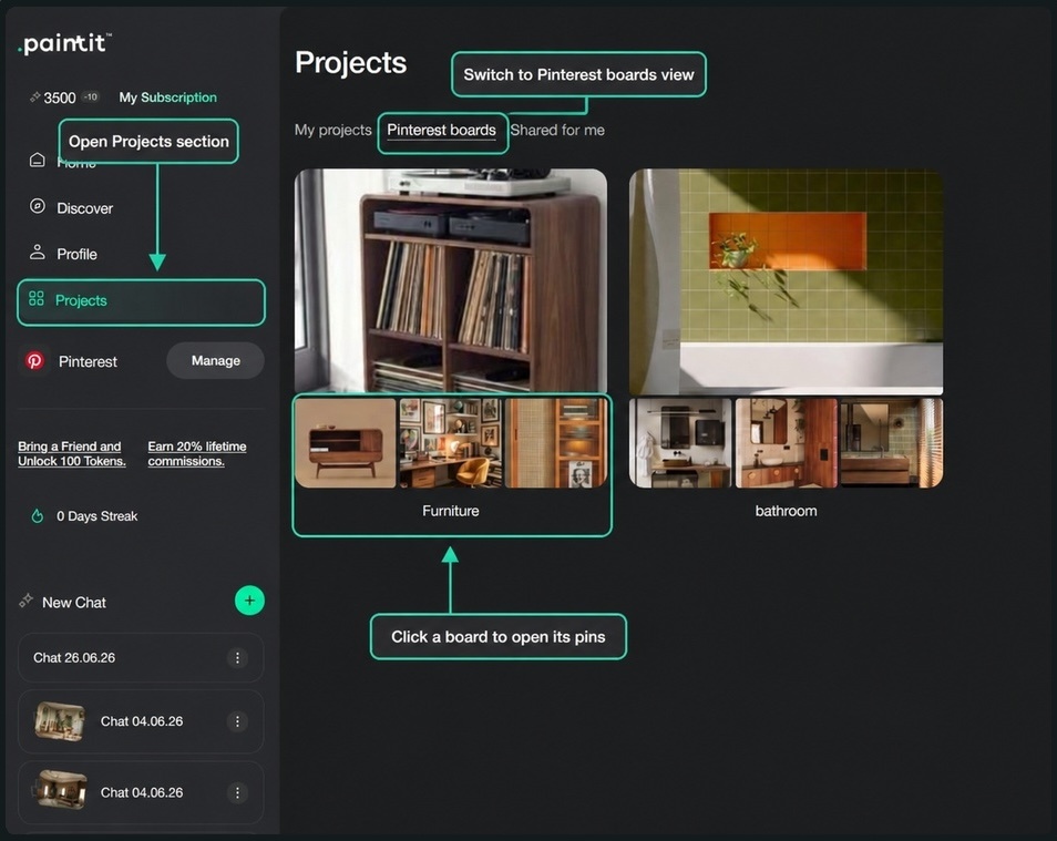 Paintit.ai Projects screen showing Pinterest boards opened as selectable sources for room design.