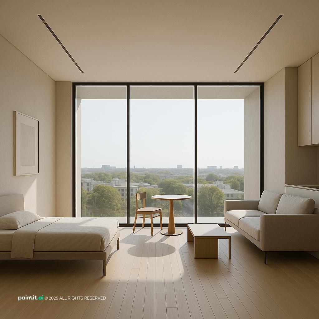 Bedroom with personalized moodboard and soft natural palette