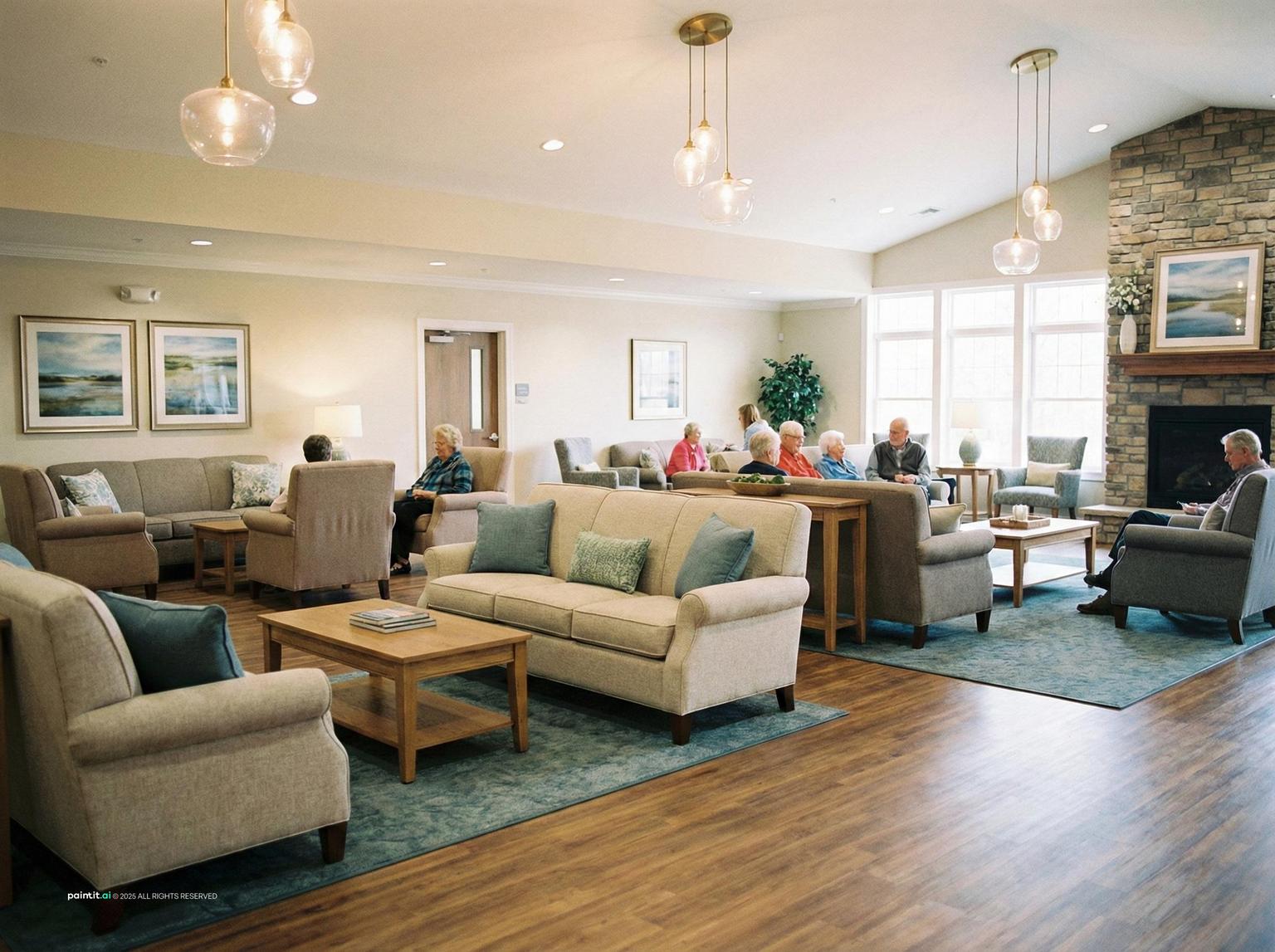 Nursing home lounge with residents in small seating groups around a stone fireplace, cream sofas and teal accents
