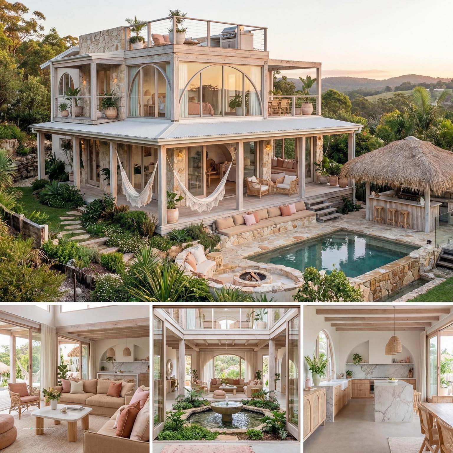 Elegant boho chic 70s inspired living room, featuring eclectic furnishings, natural textures, and a relaxed, free-spirited atmosphere.