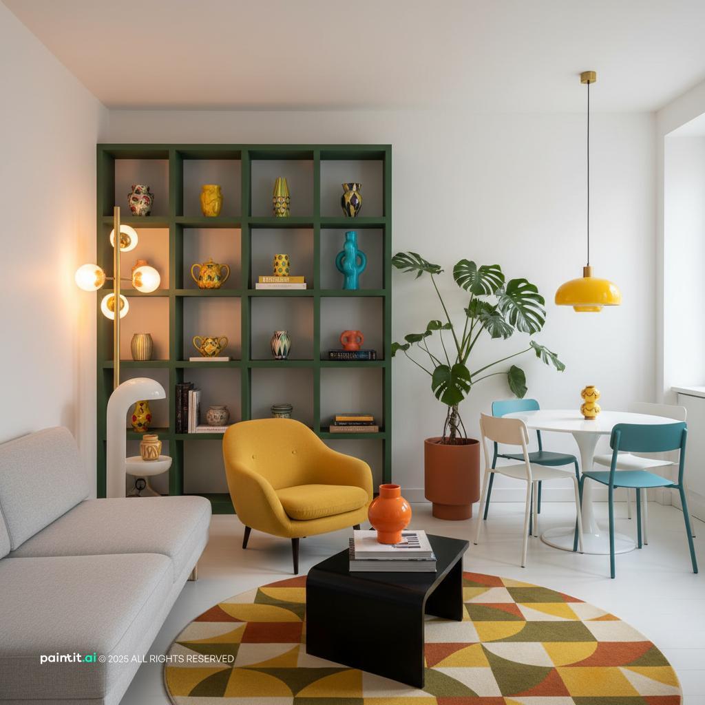 Compact retro living room with white walls, a yellow armchair, a black coffee table and a patterned rug