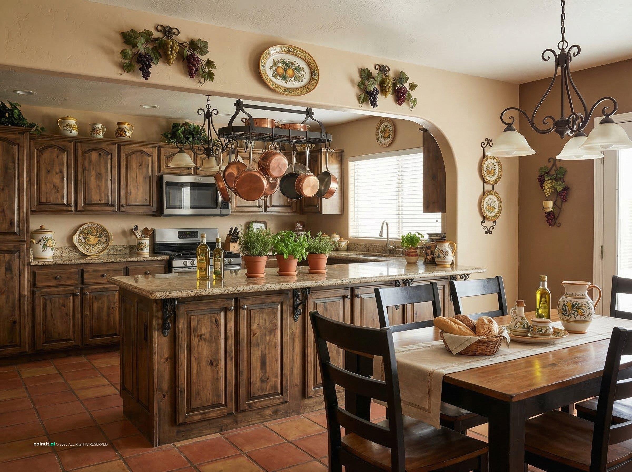 Tuscan kitchen with dark wood cabinets, terracotta floor tiles, a copper pot rack and plates on the wall