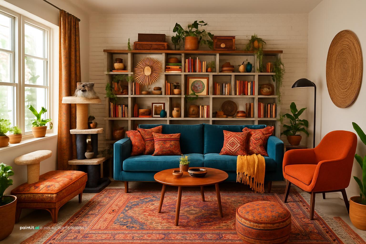 Boho living room with a blue sofa, an orange chair, a bookcase and a red rug