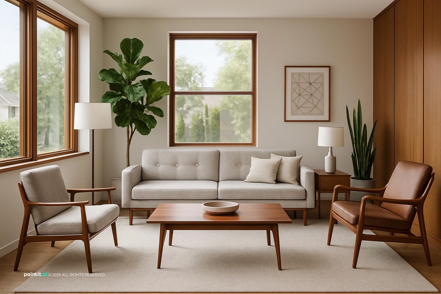 Light mid century living room with a grey sofa, teak armchairs and a coffee table