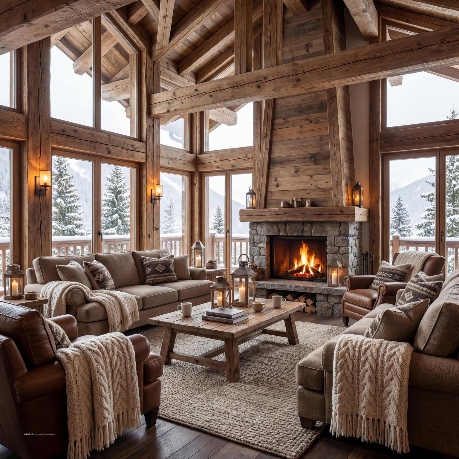 Cozy ski chalet interior with timber walls, plush seating and warm textiles