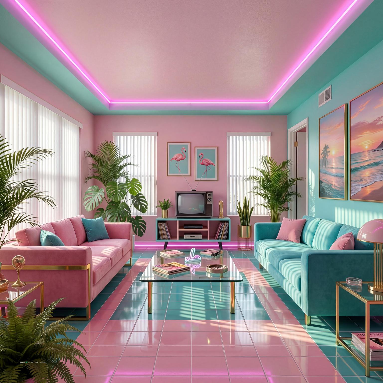 80s Miami Vice-inspired living room with pink and aqua seating