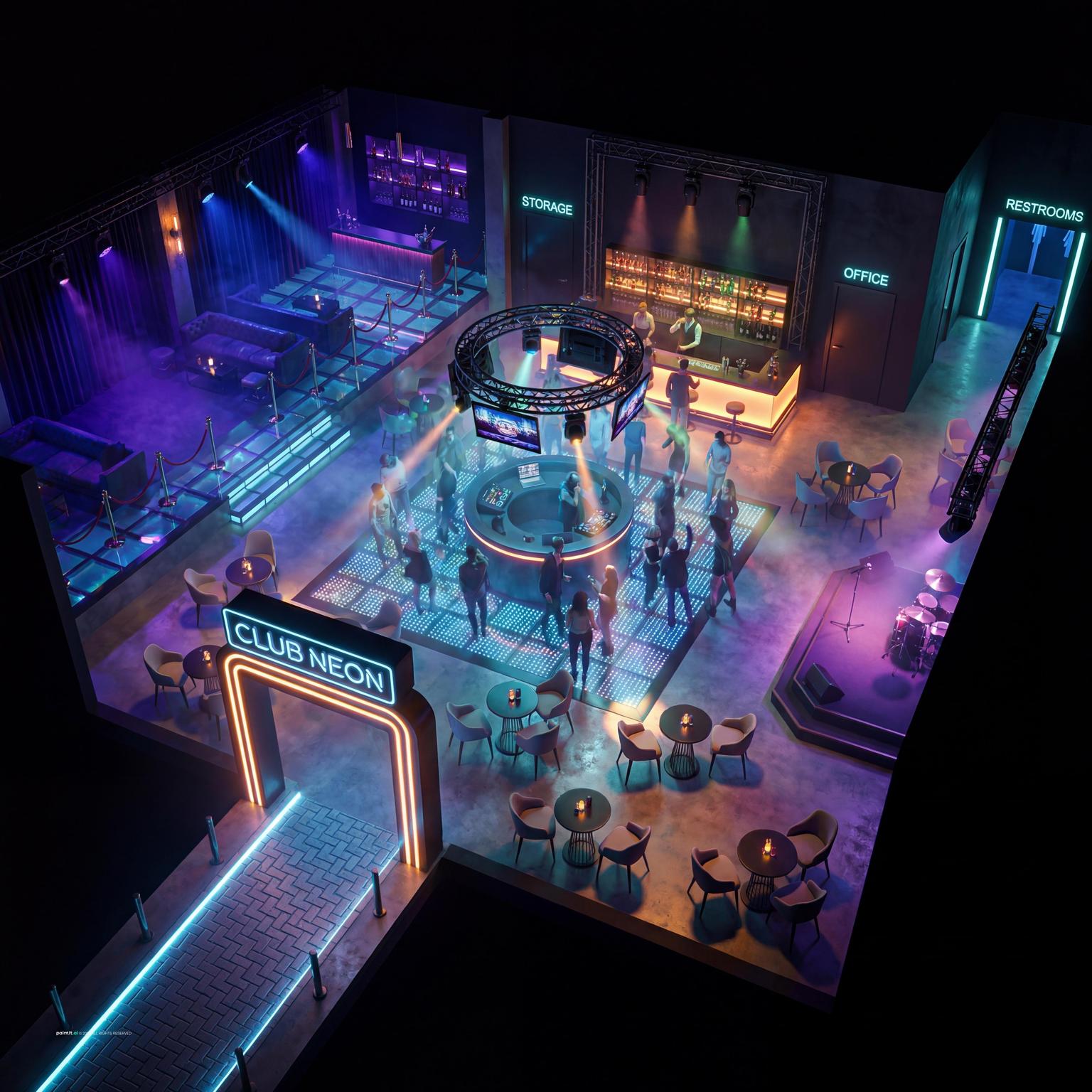 Nightclub Interior with lighting preview scene and bold accent colors