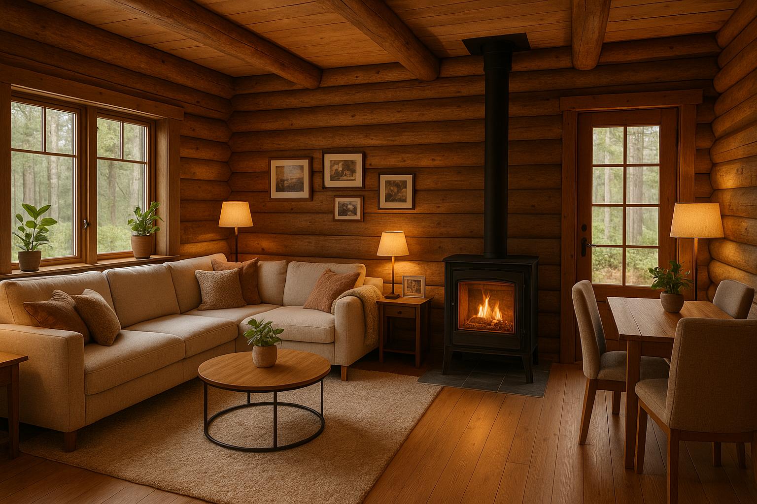 Cozy Cabin Living Room Design with wood and rug and a calm living room atmosphere.