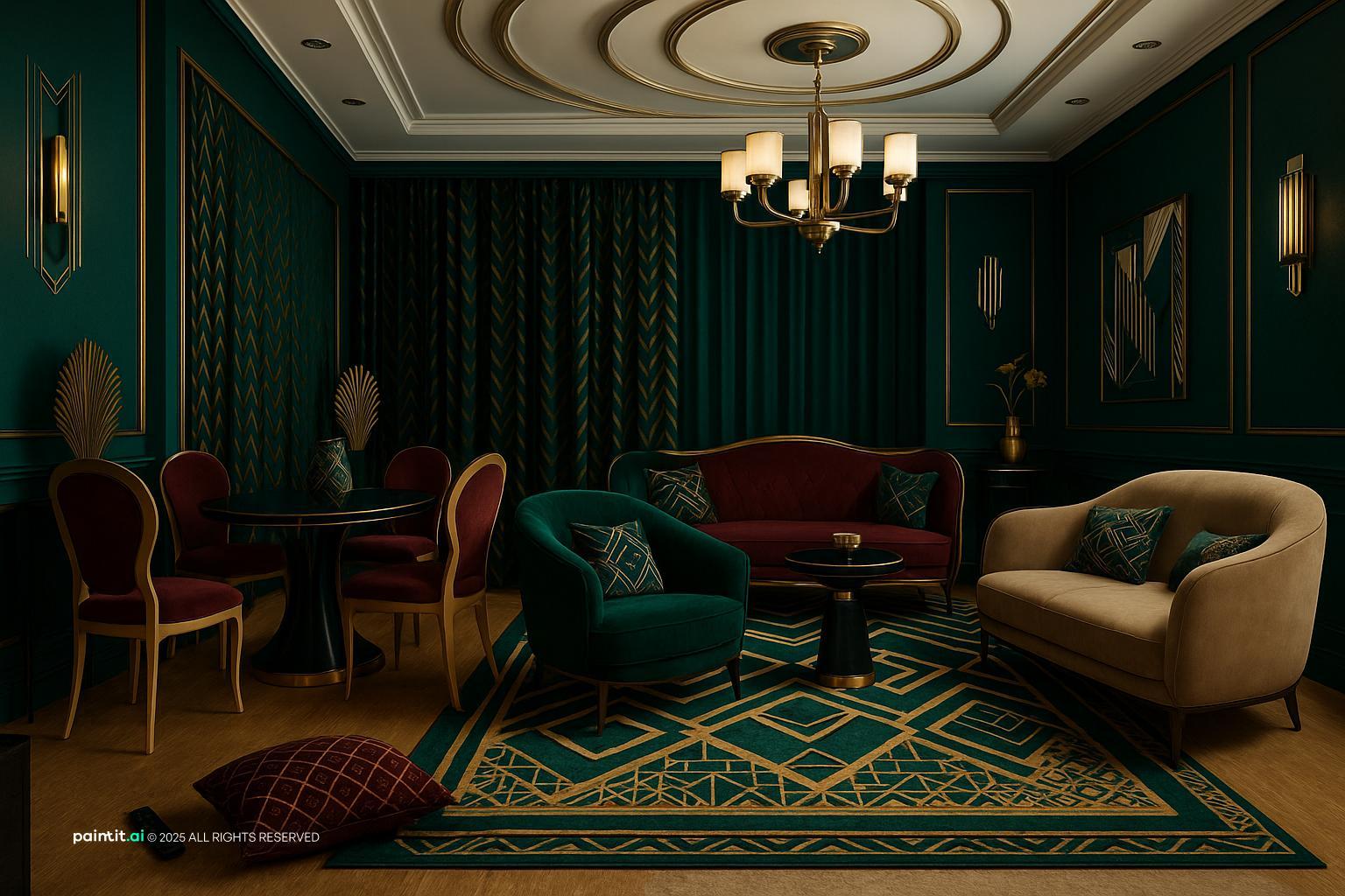 Art Deco living and dining room with dark green walls, a chandelier, velvet chairs and a patterned rug