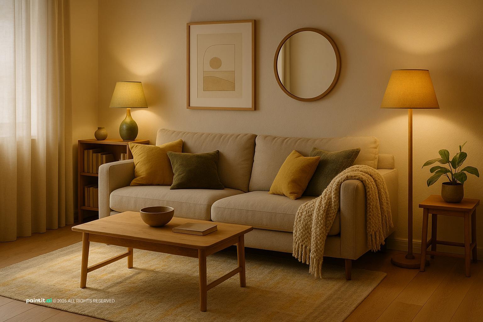 Cozy simplistic living room with brown, yellow, green accents, ideal for warm wine living room ideas.