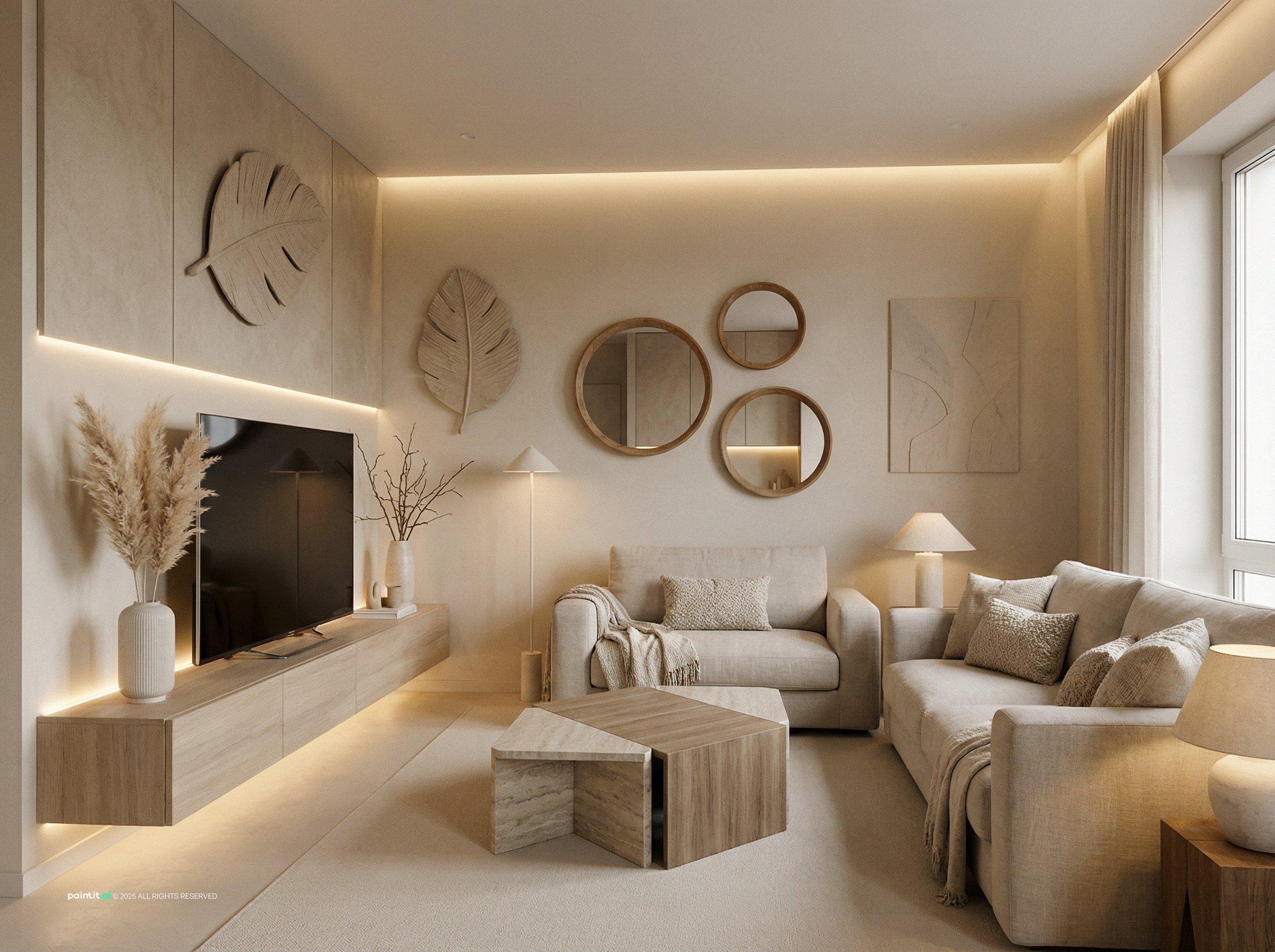 Living room with a backlit TV wall, round mirrors, boucle armchairs and a cream sectional